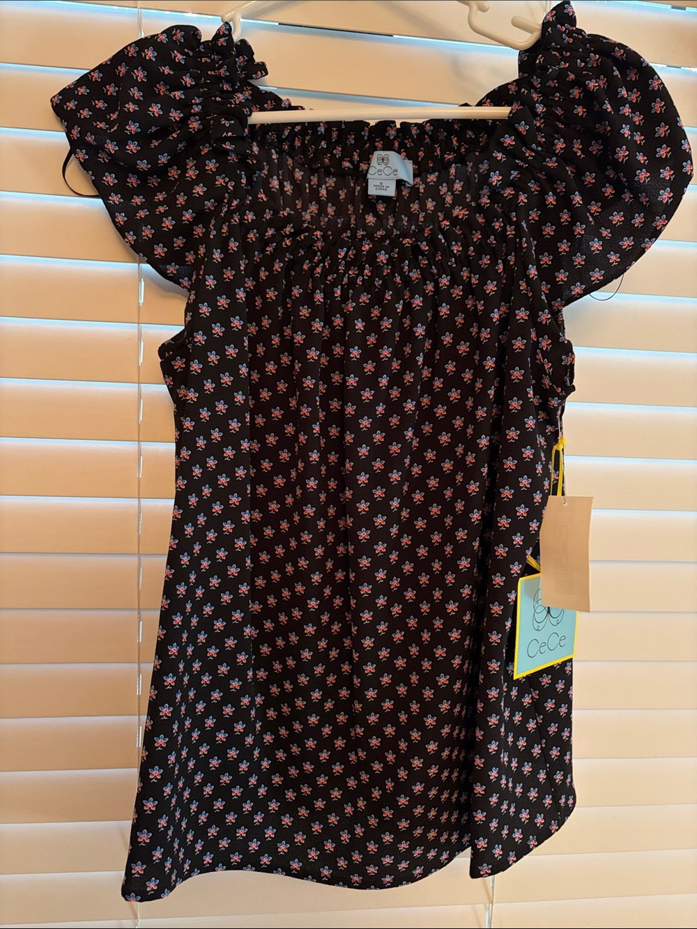 CeCe Black Blouse with Red and Light Blue Floral Print